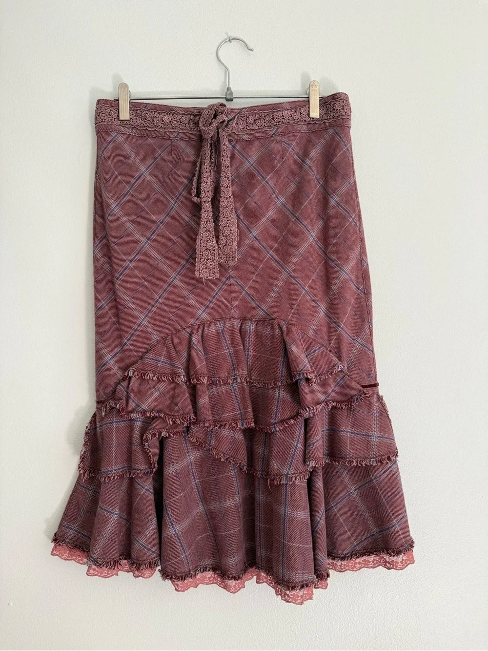 Free People Mauve Plaid Ruffle Hem Midi Skirt - Picture 4 of 10